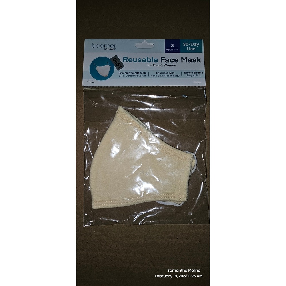 Boomer Naturals Reusable Face Mask Beige Cream Small 3-Ply Adjustable 651-655